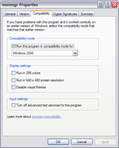 Windows Live Messenger Properties compatibility mode